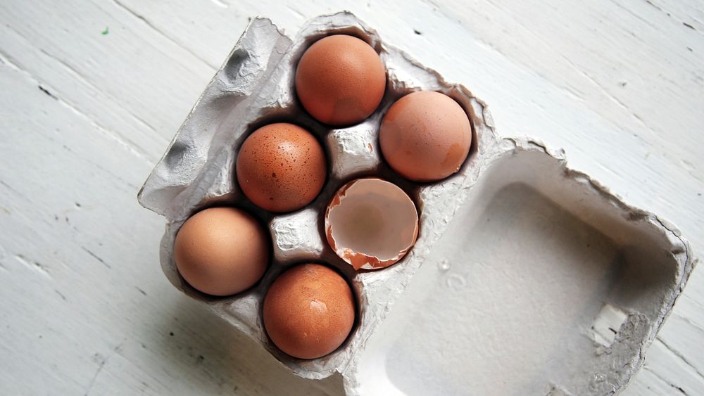 Half dozen fresh brown eggs in a carton. Original public domain image from Wikimedia Commons