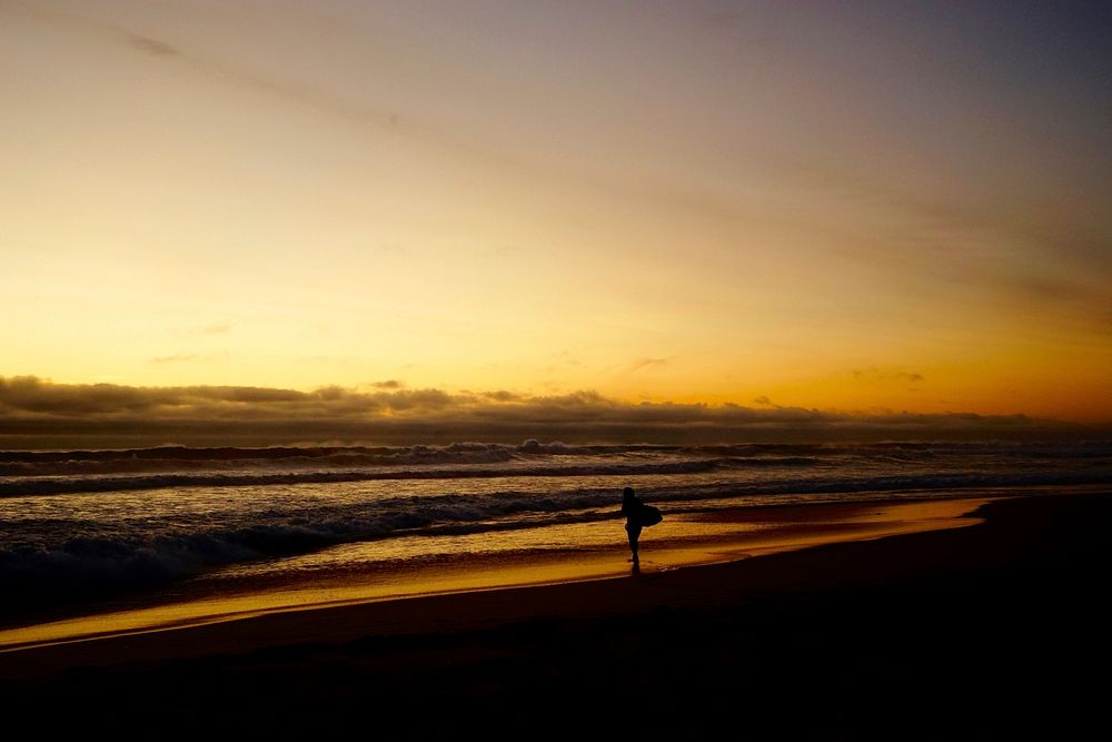 Surfer holding board walking along Gunnamatta Ocean Beach during sunset. Original public domain image from Wikimedia Commons