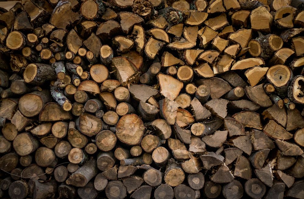 Pile of dark brown firewood in various shapes and sizes. Original public domain image from Wikimedia Commons