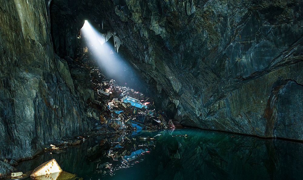 Light shining through trash cave. Original public domain image from Wikimedia Commons