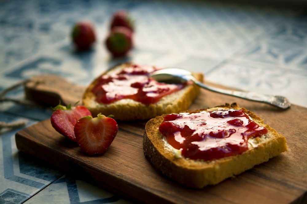 Strawberry jam toasties. Original public domain image from Wikimedia Commons