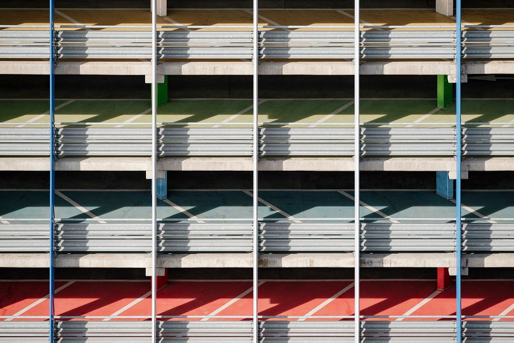 Colorful parking garage ramps in Geneva. Original public domain image from Wikimedia Commons