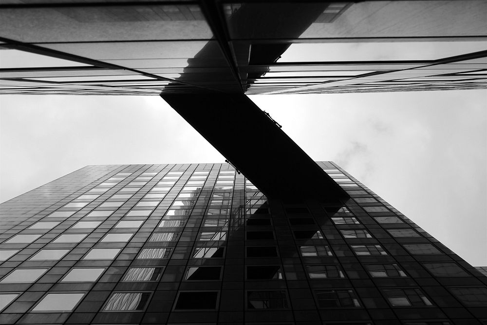 A low-angle shot of a skyway connecting two office buildings. Original public domain image from Wikimedia Commons