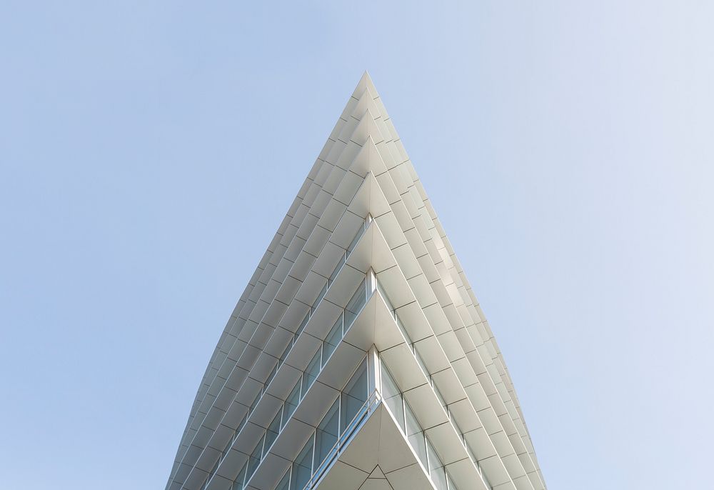 A triangular edge of a modern white building in Nizhny Novgorod. Original public domain image from Wikimedia Commons