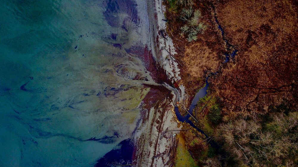Drone aerial view of river flowing into the ocean in Federal Way, Washington, United States. Original public domain image…