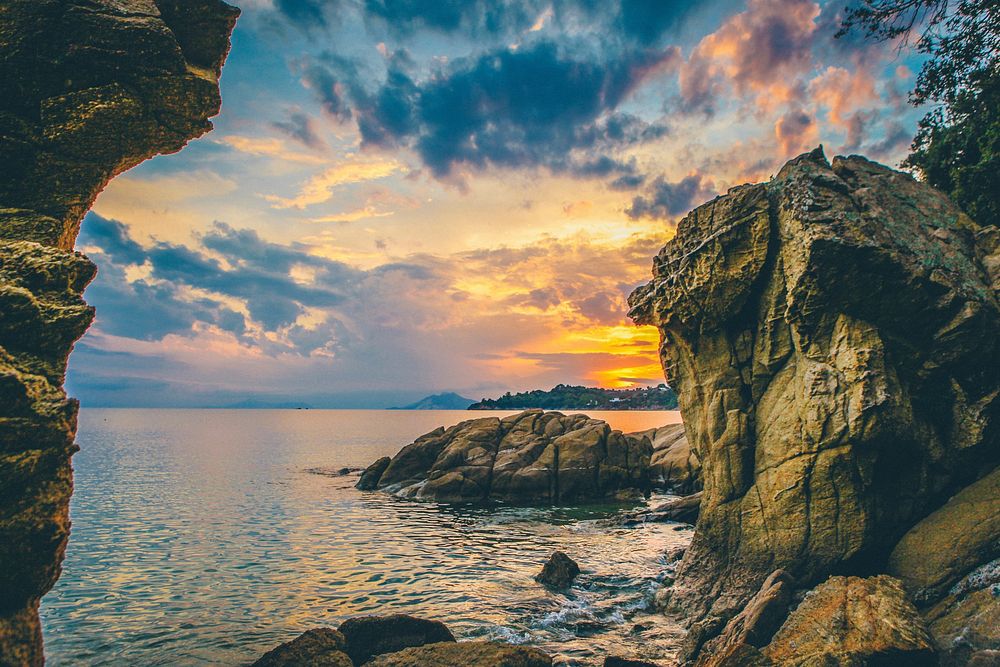 Big rock nearby the sea with sunset. Nick Karvounis Photography, K&oslash;benhavn, Denmark. Original public domain image…