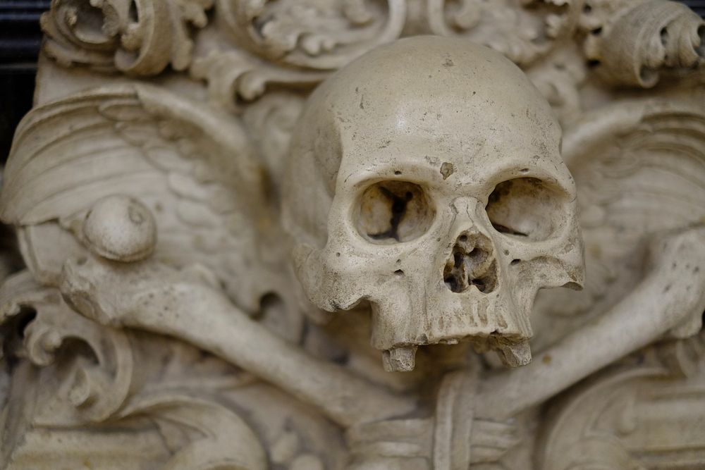 White skull, traditional European sculpture. Original public domain image from Wikimedia Commons