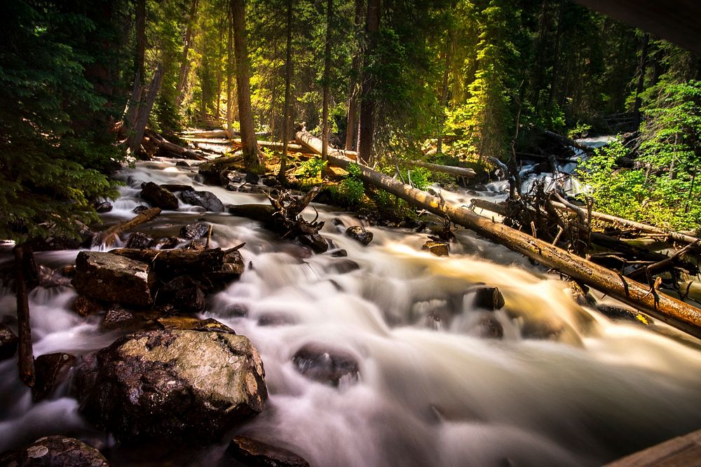 A view of a stream running downhill at Lower Cataract Lake in Colorado. Original public domain image from Wikimedia Commons