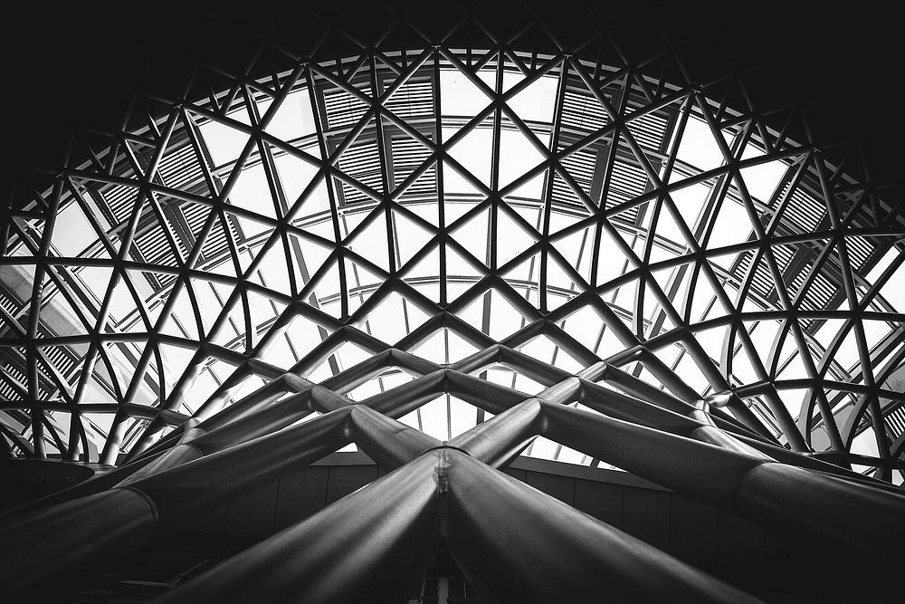 Black and white shot of curved modern criss cross roof architecture at Kings Cross. Original public domain image from…