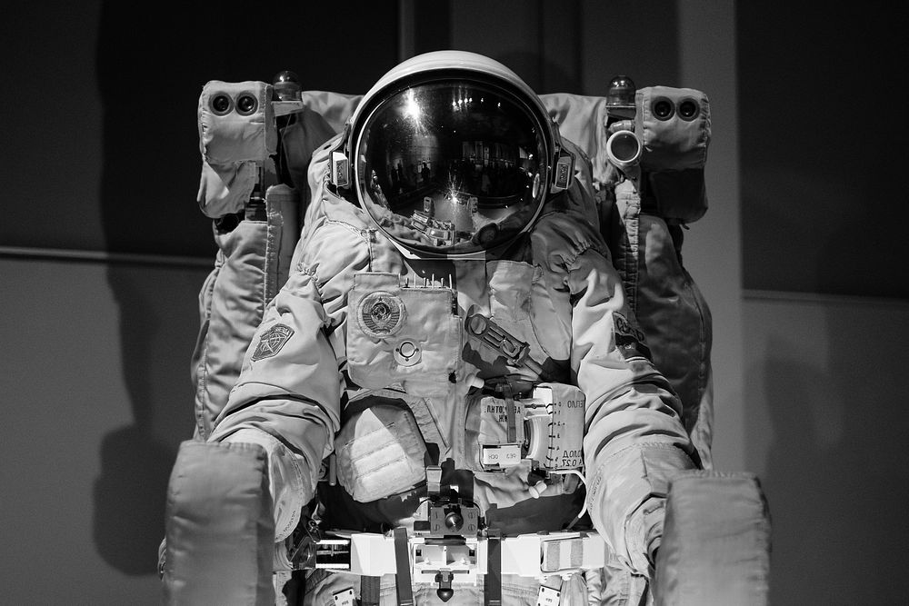 Orlan DMA-18 spacesuit from the "Cosmonauts" exhibition at the Science Museum, London. Original public domain image from…
