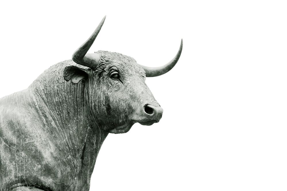 A statue of a bull against a white background. Original public domain image from Wikimedia Commons