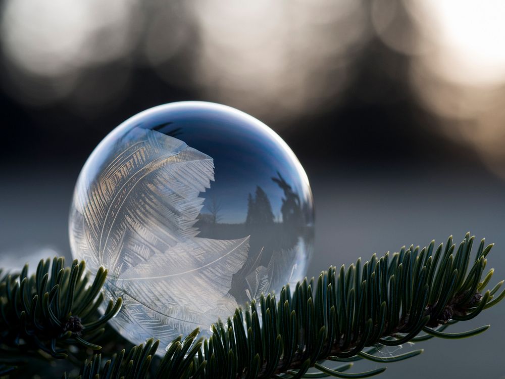 Crystal bubble placed on the leaf with blur background. Original public domain image from Wikimedia Commons