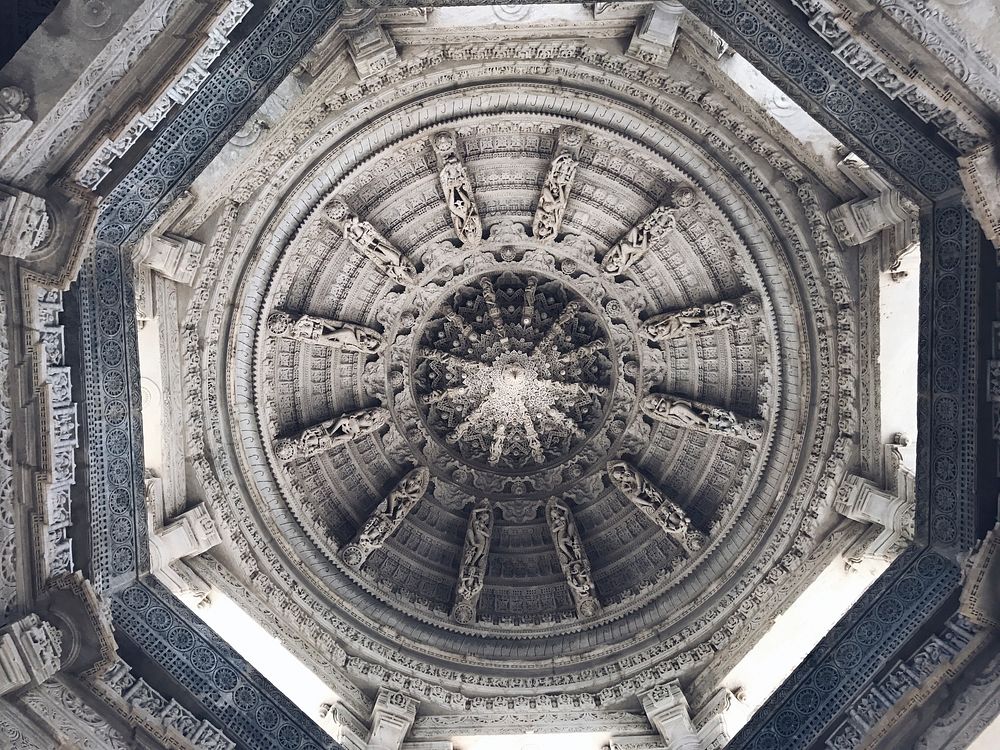 Ornate concentric circular ceiling architecture with dome in Ranakpur Jain Temple. Original public domain image from…