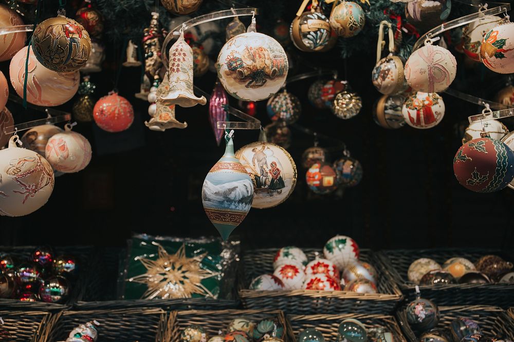 Colorful Christmas baubles in a stall in Vienna. Original public domain image from Wikimedia Commons