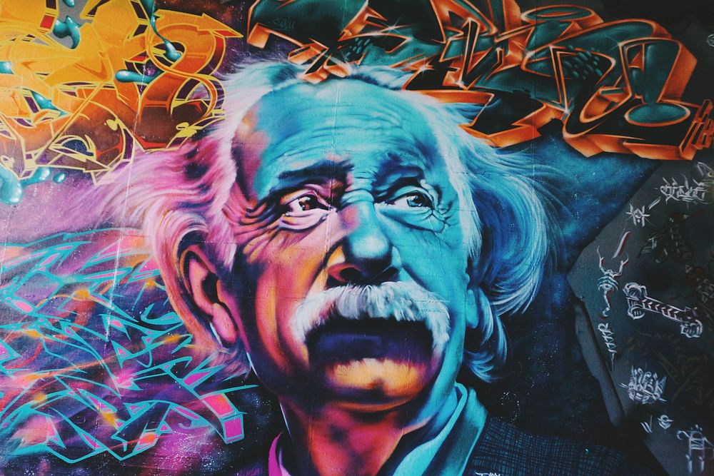 Einstein mural, location unknown, 26 June 2016. Original public domain image from Wikimedia Commons