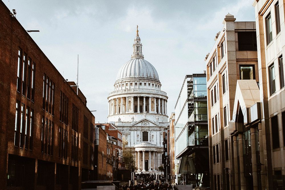 A view from a side street on St. Paul's Cathedral in London. Original public domain image from Wikimedia Commons