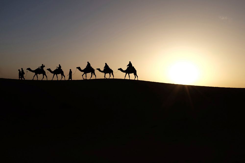 Silhouette of people walking with camels along the horizon in the Sahara desert. Original public domain image from Wikimedia…