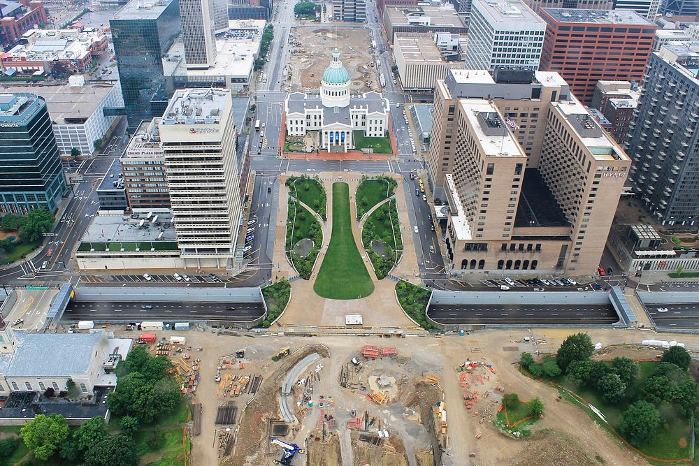 The view from above a construction site in St. Louis with surrounding buildings and city hall.. Original public domain image…