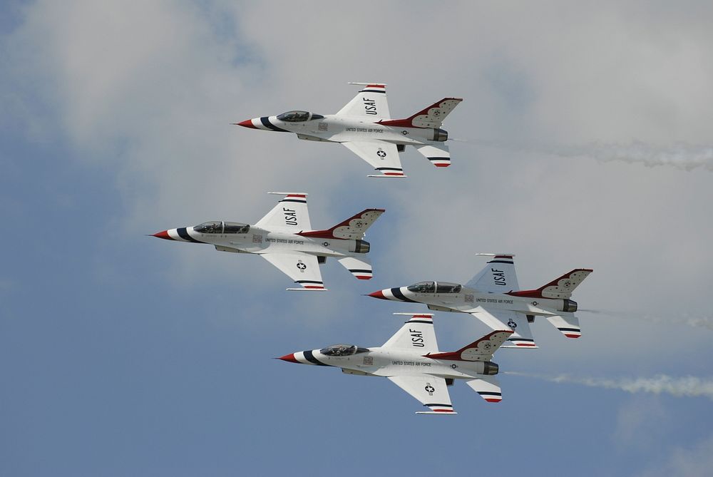 U.S. Air Force fighter jets flying in formation.. Original public domain image from Wikimedia Commons