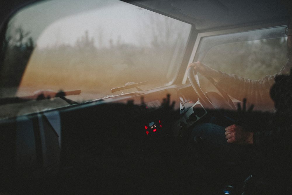 Looking into dashboard of car with driver and steering wheel, window reflects trees. Original public domain image from…