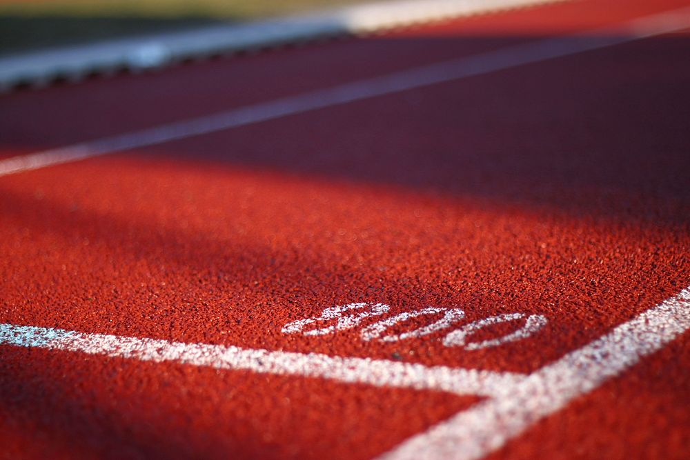 The 800 meter mark on a running track. Original public domain image from Wikimedia Commons