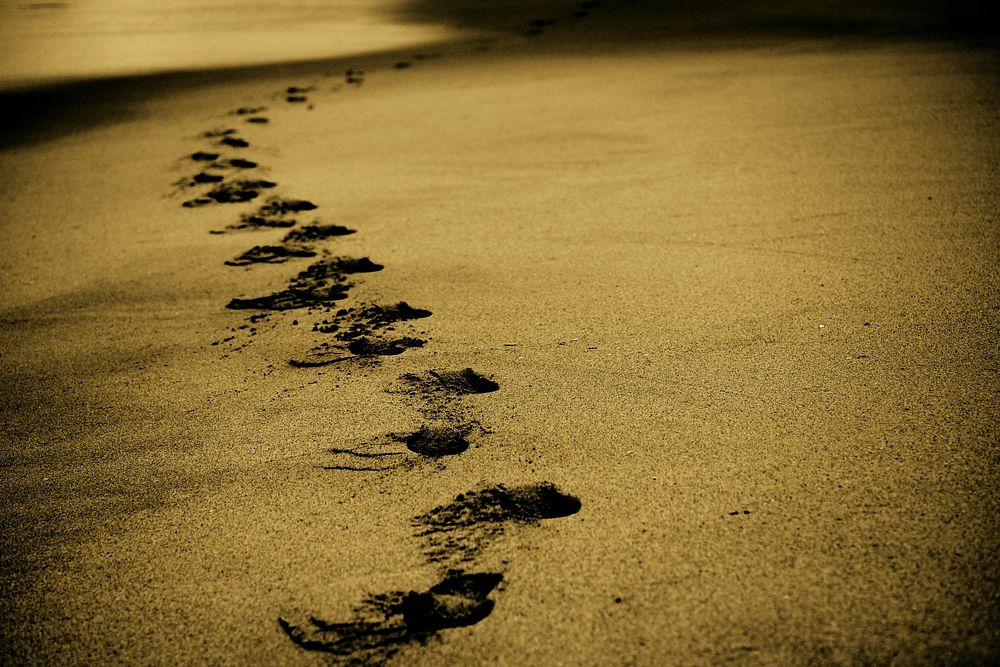 Footprints in the golden beach sand. Original public domain image from Wikimedia Commons