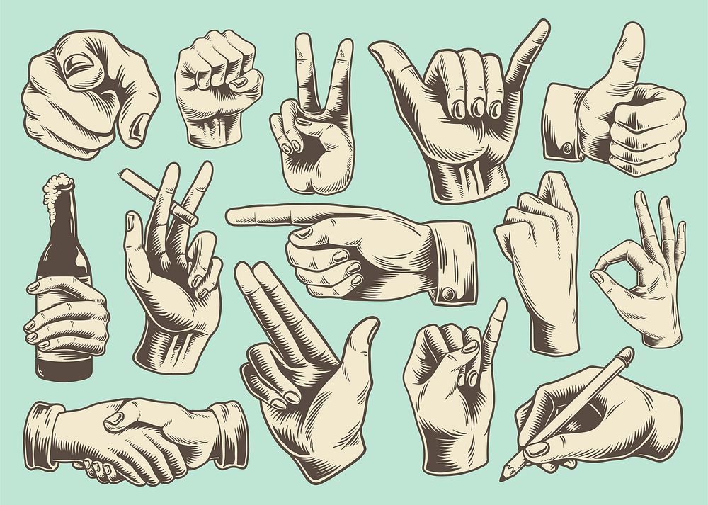 Collection of illustrated hand signs