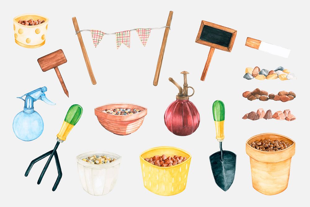 Gardening tools in watercolor vector sticker set