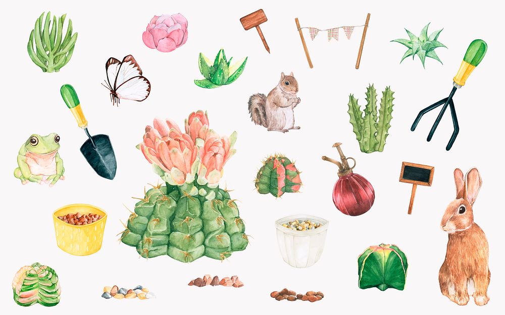 Hand drawn garden objects and plants