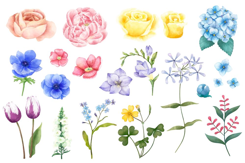 Vintage flowers watercolor painting set