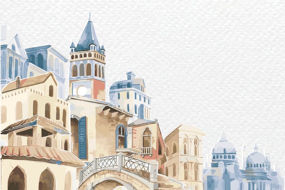Border psd with Mediterranean architecture in pastel color on white textured background
