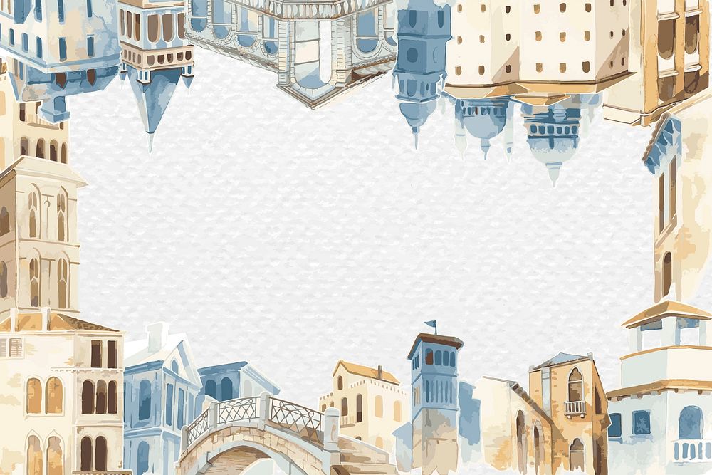 Mediterranean buildings/ frame in watercolor on paper textured background