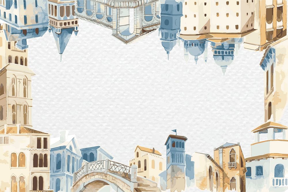 Frame psd with Mediterranean architecture in pastel colors on white textured background