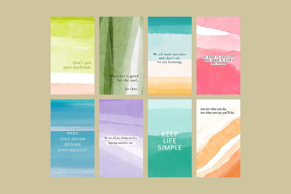 Watercolor facebook story template vector, life quote pastel background collection
