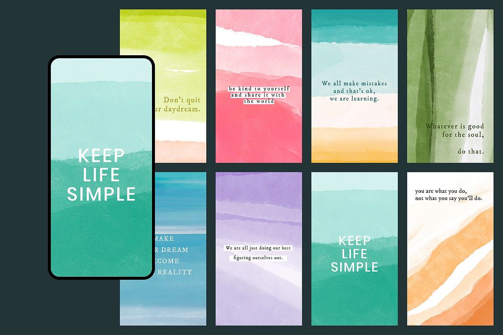 Watercolor facebook story template vector, life quote pastel background collection
