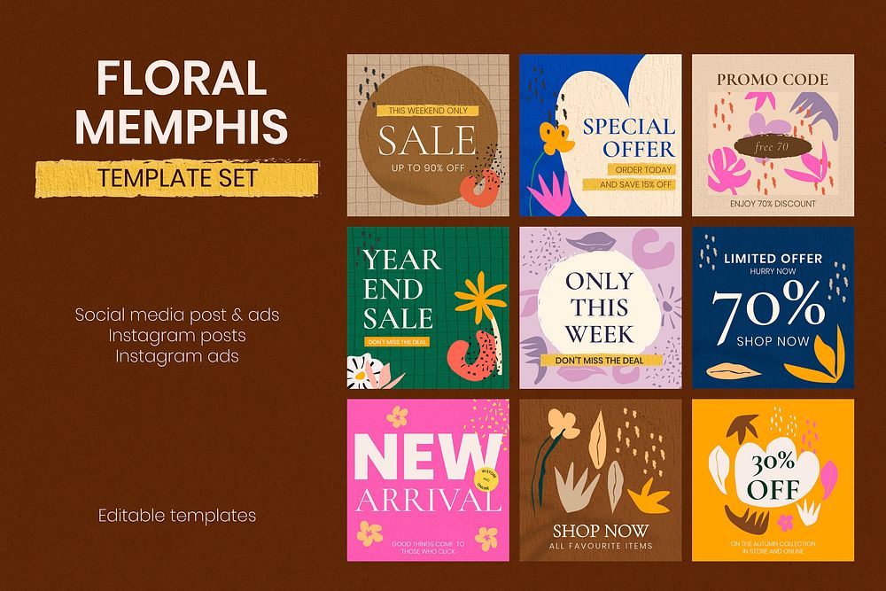 Floral memphis ad template, editable marketing design set vector