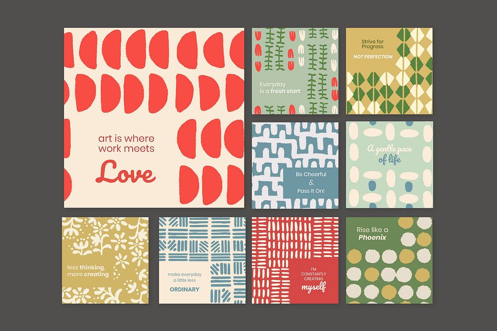 Social media post template vector, vintage pattern, inspirational quote set