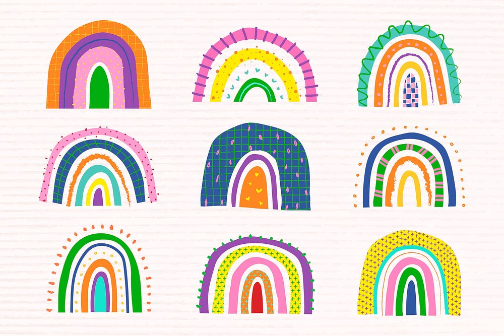 Colorful rainbow in funky doodle style vector set
