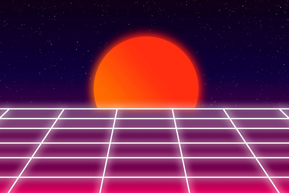 Vaporwave moon background, retro futuristic neon design with grid vector