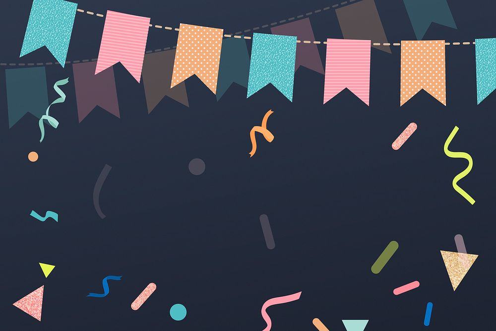 Black festive background, cute bunting border and ribbons psd