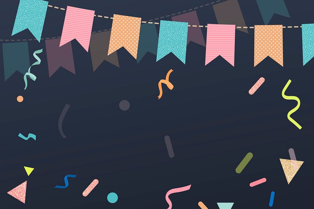 Black festive background, cute bunting border and ribbons vector
