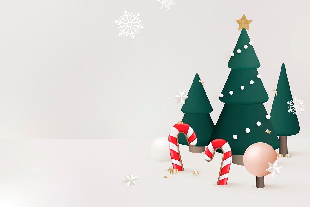 3D winter holidays background, Christmas tree and candy cane