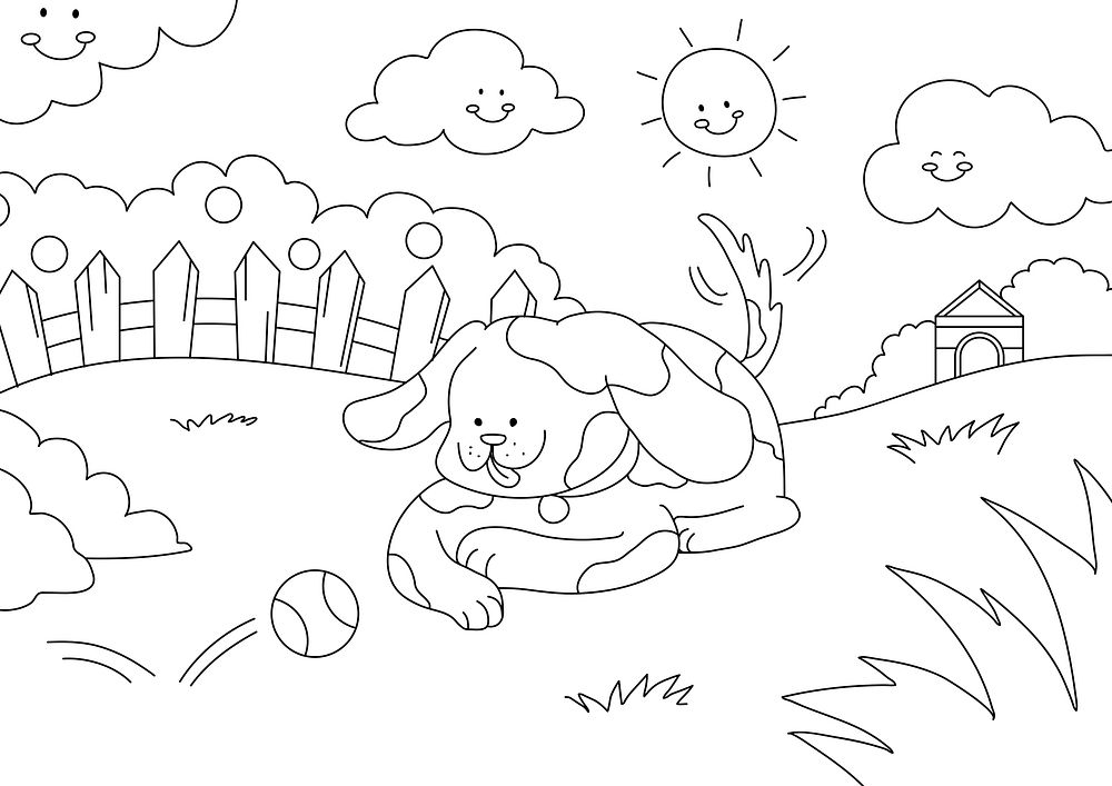 Dog kids coloring page, blank printable design for children to color