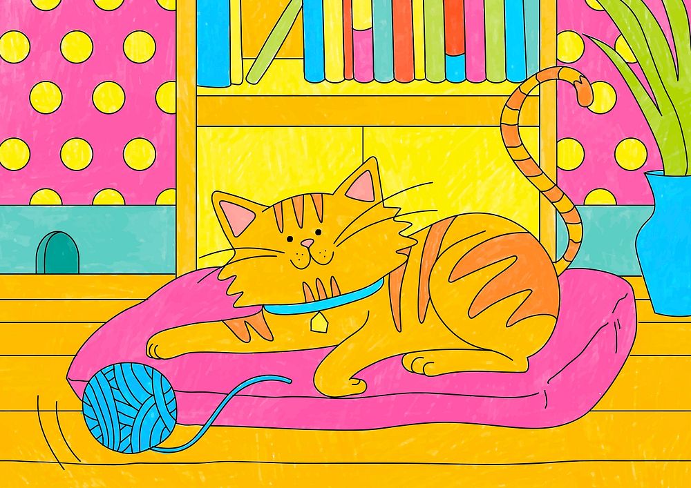 Cute tabby cat illustration, editable kids coloring page vector