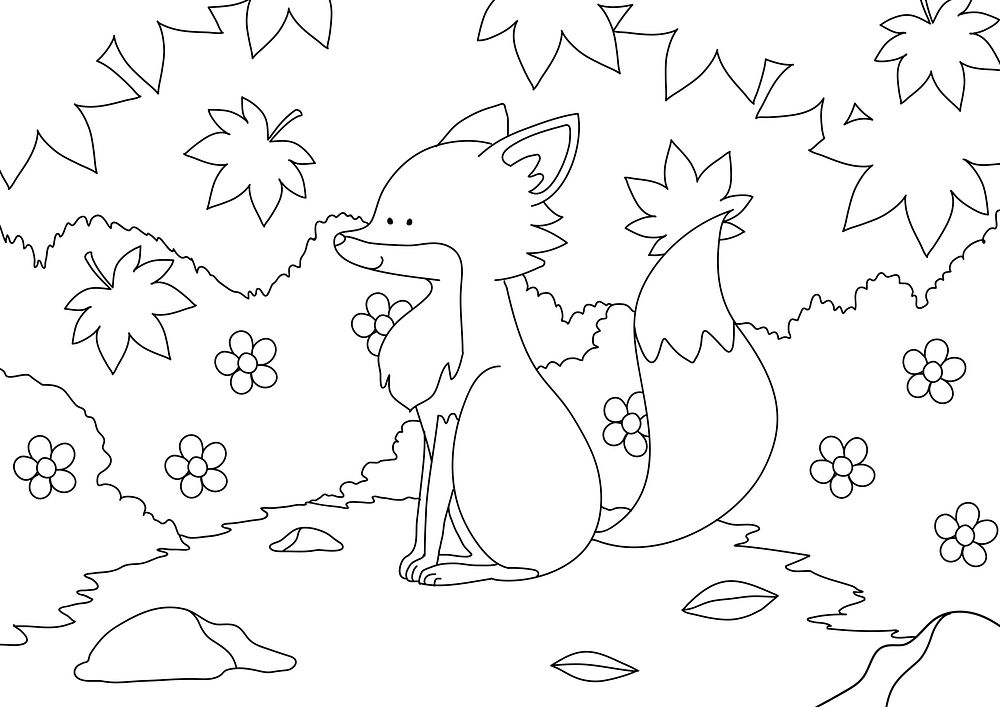 Fox kids coloring page, blank printable design for children to color