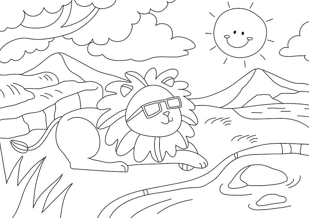 Lion kids coloring page, blank printable design for children to color