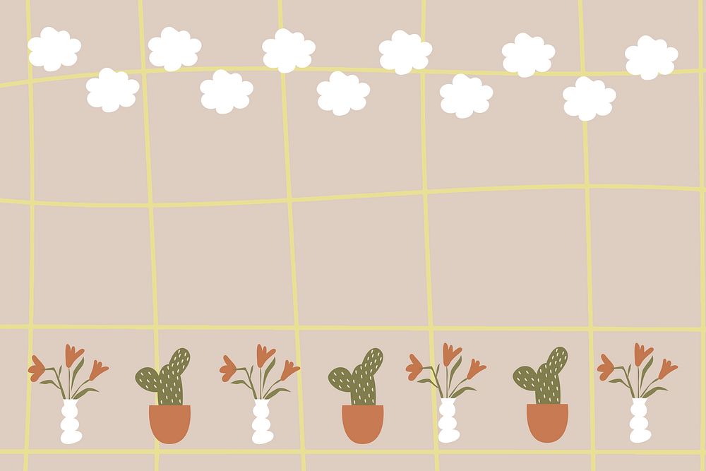 Cute grid frame background, plant doodle in earth tone design psd