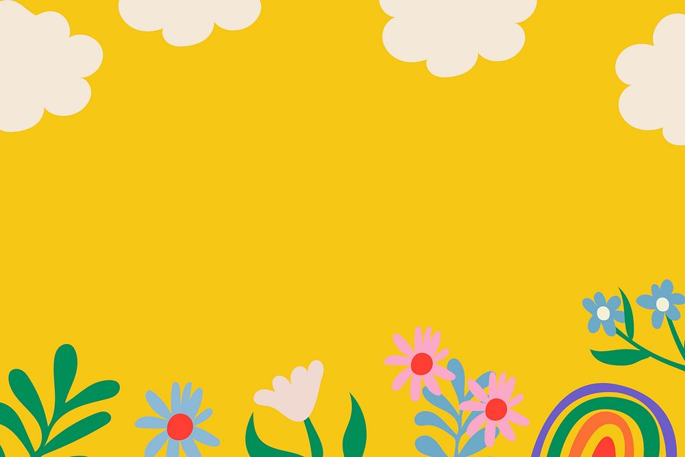 Colorful flower background, cute yellow border, nature doodle in retro design psd