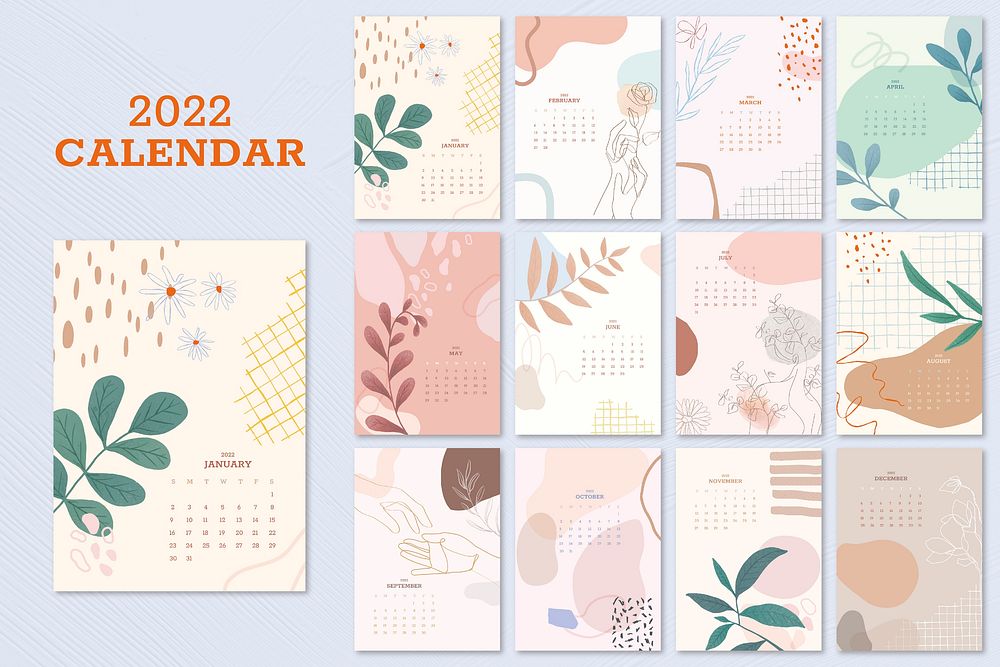 Pastel floral & botanical yearly calendar editable psd template set