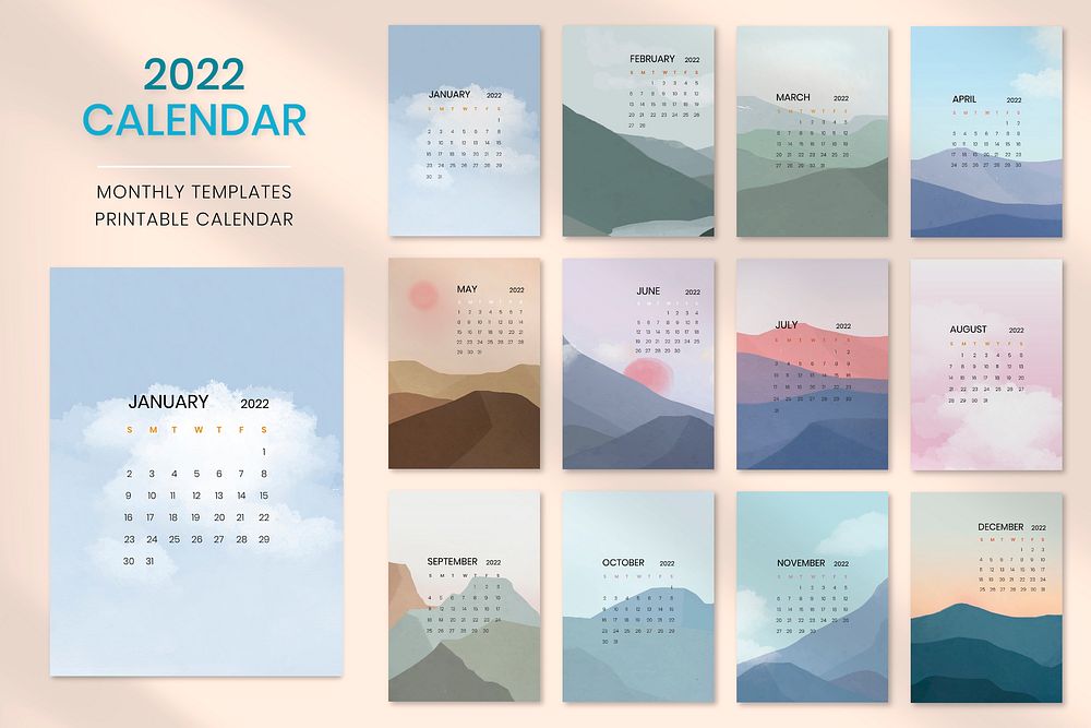 Sky & mountain yearly calendar in minimal Scandinavian aesthetics editable psd template set